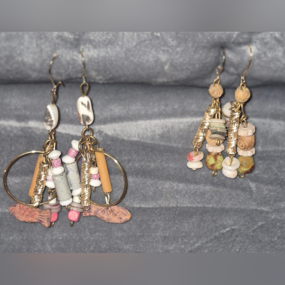 2 Pair FuN Bohemian FOLK ART Multi-Color Dangle Earrings